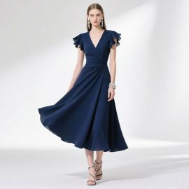 Navy Blue V-Neck Ruffled Sleeve Midi Dress - Elegant Flowy Formal Evening Gown