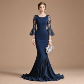 Navy Blue Mermaid Evening Gown with Lace Bell Sleeves - Elegant Formal Dress