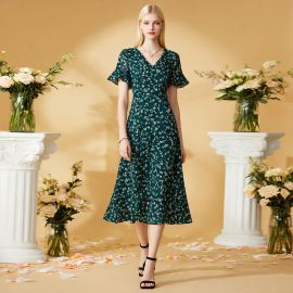 Elegant Green Floral Midi Dress with V-Neck & Short Flutter Sleeves - Summer Chic Style