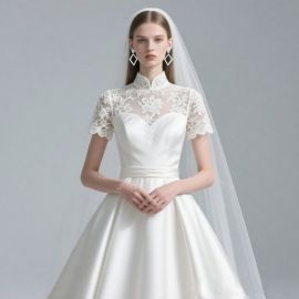Elegant High-Neck Lace Short-Sleeve Satin Wedding Dress - Timeless Bridal Gown