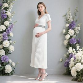 Maternity White V-Neck Pleated Maxi Dress with Rhinestone Belt - Elegant Pregnancy Gown for Weddings/Events
