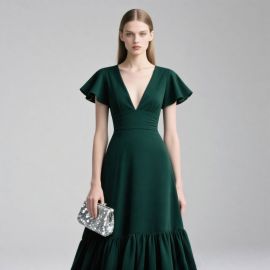 Elegant Emerald Green Deep V-Neck Ruffled Cap Sleeve Flared Midi Dress