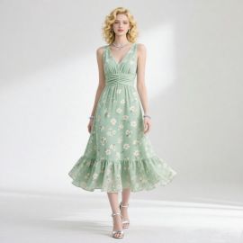 Light Green Floral Sleeveless V-Neck Bohemian Midi Dress