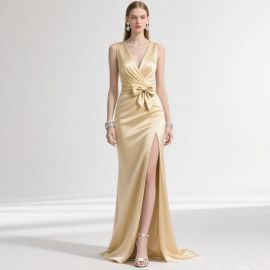 Gold Satin V-Neck Long Dress with Bow Belt & High Slit - Elegant Evening Gown