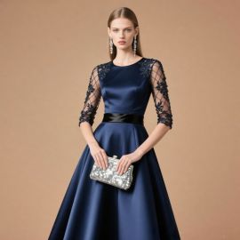 Elegant Navy Blue Satin Evening Dress with Lace Sleeves & Black Belt