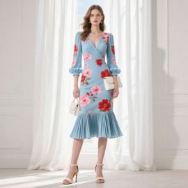 Elegant Light Blue Floral Print V-Neck Long Sleeve Pleated Midi Dress for Women