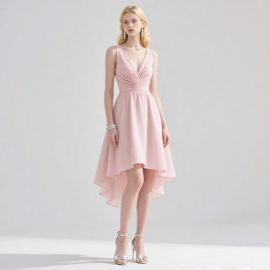 Elegant Blush Pink Sleeveless V-Neck High Waist Asymmetric Hem Midi Dress