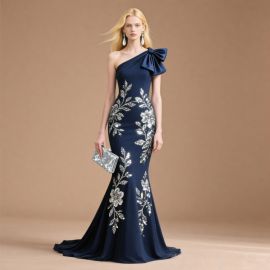 Elegant Navy Blue One - Shoulder Sequined Floral Evening Gown with Bow Detail