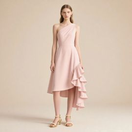 Elegant One - Shoulder Asymmetric Ruffle Pink Midi Dress for Women