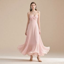 Elegant Soft Pink Spaghetti Strap Flowy Maxi Dress - Ideal for Weddings & Events