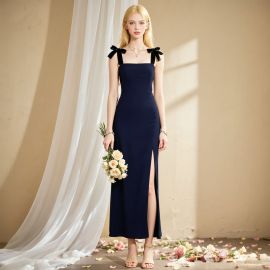 Elegant Navy Blue Bow - Strap Maxi Dress with High Slit for Formal Occasions