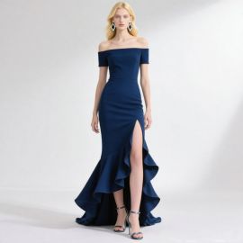 Navy Blue Off - Shoulder Mermaid Gown with High Slit & Ruffled Hem