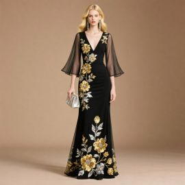Black Evening Gown with Gold/Silver Floral Embroidery & Sheer Bell Sleeves - Elegant Formal Dress