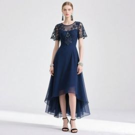 Navy Blue Lace Embroidered Asymmetric Hem Evening Dress - Elegant Formal Gown for Women
