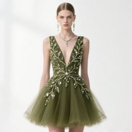 Olive Green Deep V-Neck Short Dress: Beaded Leaves & Tulle Skirt for Elegant Events