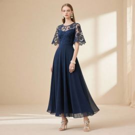 Elegant Navy Blue Lace Short - Sleeve Maxi Dress for Formal & Evening Events