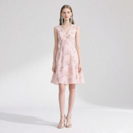 Pink Sleeveless V-Neck Floral Print A-Line Dress - Elegant Summer Style