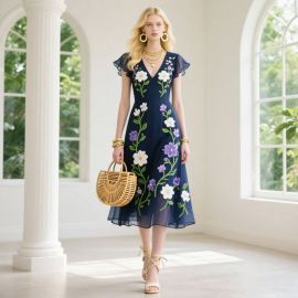 Elegant Navy Blue Floral Embroidered Midi Dress with V-Neck & Flutter Sleeves