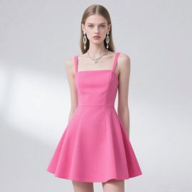 Vibrant Pink Square Neck Spaghetti Strap A - Line Party Dress