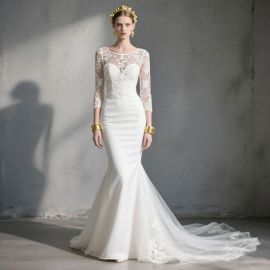 Chic Lace Long - Sleeve Mermaid Wedding Gown with Train