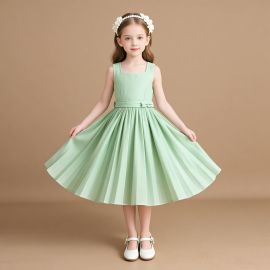 Mint Green Sleeveless Pleated Dress for Girls - Elegant Belted A-Line Gown for Parties & Daily Wear