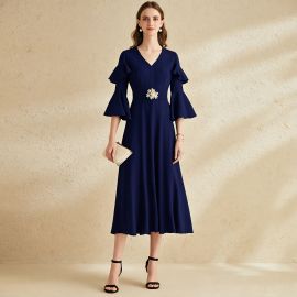 Navy Blue V-Neck Flare Sleeve Midi Dress with Waist Brooch - Elegant Women's Fashion