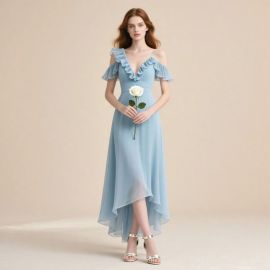 Light Blue Off - Shoulder Ruffled High - Low Hem Chiffon Maxi Dress