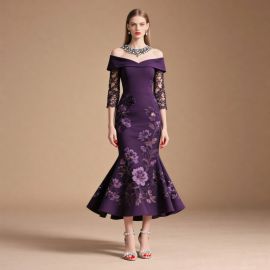 Elegant Purple Off - Shoulder Mermaid Dress with Lace Sleeves & Floral Print