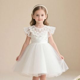Elegant Girls White Dress with Lace Collar & Tulle Skirt - Princess Party Gown