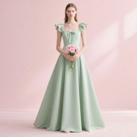 Mint Green Ruffled Shoulder Bow Tie A-Line Long Dress - Elegant Bridal/Bridesmaid Gown