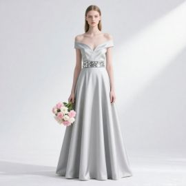 Elegant Off - Shoulder Satin Gown with Embellished Waistband for Formal Occasions