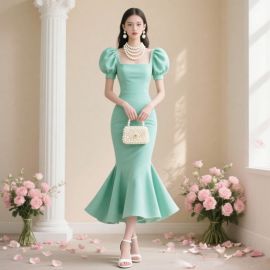 Mint Green Mermaid Dress with Puff Sleeves & Square Neck - Elegant Evening Party Gown