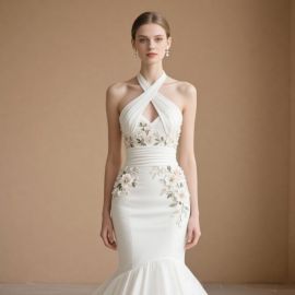 Elegant White Halter Neck Mermaid Wedding Dress with Floral Embroidery