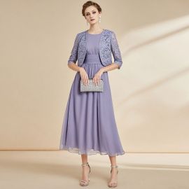 Lilac Lace Jacket & Chiffon Midi Dress - Elegant Formal Attire for Women