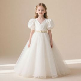 Elegant White Tulle Flower Girl Dress with Puff Sleeves & Pearl Belt