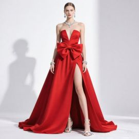 Red Strapless Gown with Big Bow & High Slit - Elegant Evening Dress