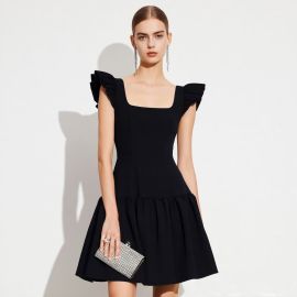 Elegant Black Square Neck Ruffled Short - Sleeve A - Line Dress