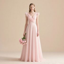 Elegant Pink Chiffon Gown with Ruffled Sleeves & V-Neck Pleated Bodice - Bridesmaid/Evening Dress