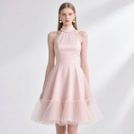 Elegant High - Neck Sleeveless Pink Tulle A - Line Dress