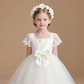 Elegant White Flower Girl Dress with Lace Sleeves & Big Bow - Wedding/Party Perfect