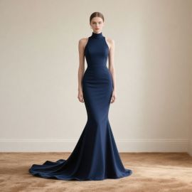 Elegant Navy Blue High - Neck Sleeveless Mermaid Evening Gown