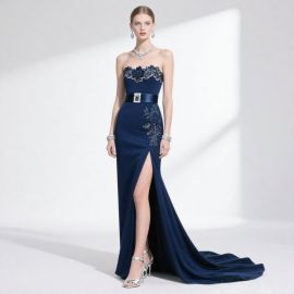 Elegant Navy Blue Strapless Gown: Embroidered Bodice, High Slit & Satin Belt Evening Dress