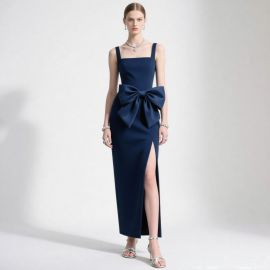 Elegant Navy Blue Gown with Oversized Bow & High Slit - Chic Evening Dress