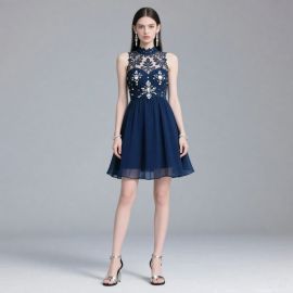Navy Blue Short Lace Dress with Rhinestone Embellishment - Elegant Party Gown