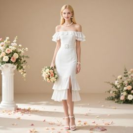 Off - Shoulder Ruffled Mermaid Midi Dress with Belt - Elegant White Bridal/Bridesmaid Gown