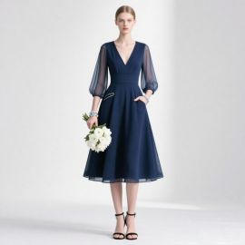 Navy Blue V-Neck Sheer Sleeve Midi Dress - Elegant Occasion Wear