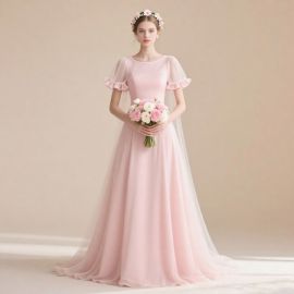 Romantic Pink Tulle A - line Wedding Dress with Ruffled Sleeves & Train