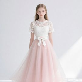 Elegant White Lace & Pink Tulle A-Line Dress with Bow Belt - Wedding Party Gown
