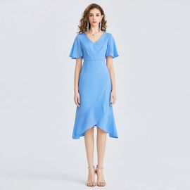 Elegant Blue V-Neck Asymmetric Hem Midi Dress with Flutter Sleeves