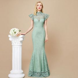 Elegant Mint Green Lace High-Neck Mermaid Gown - Vintage-Inspired Evening Dress